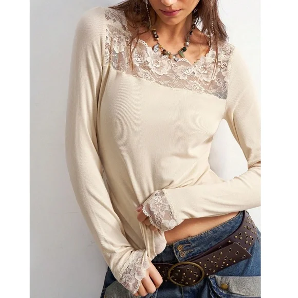Boho Floral Lace Semi Sheer Long Sleeve Fitted Top - Picture 2 of 8